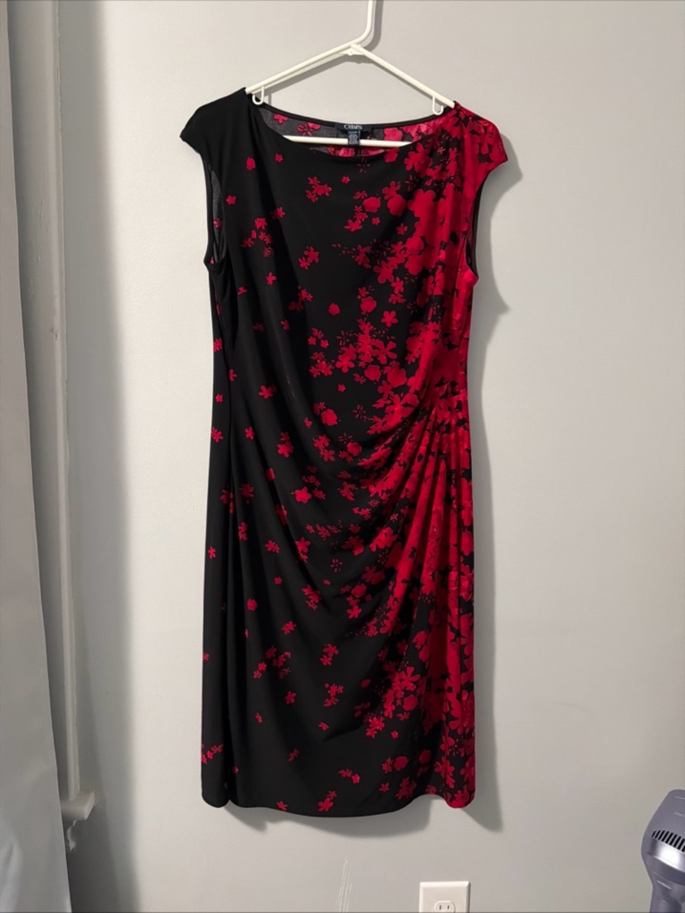 Chaps Ralph Lauren Black & Red Floral Cap-Sleeve Ruched Dress Size 16